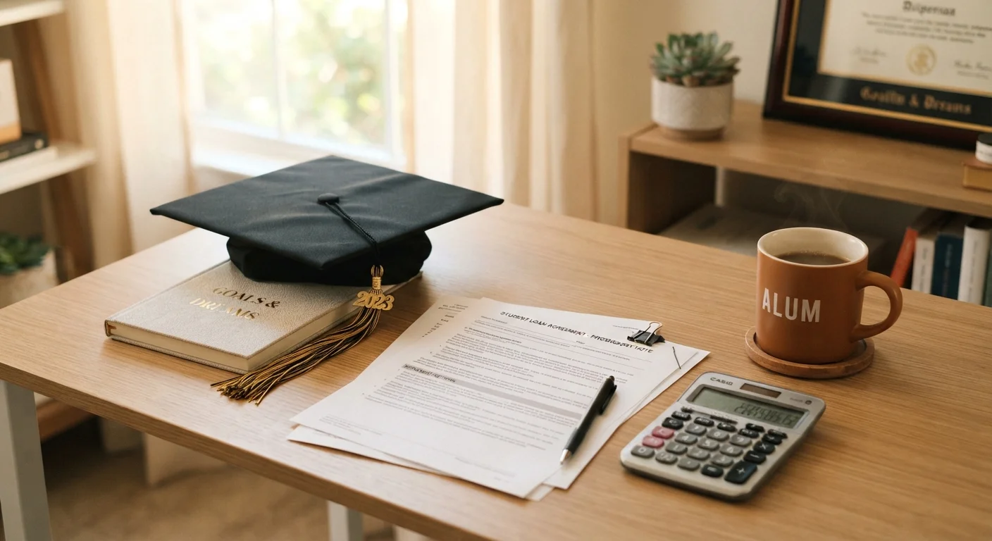 Graduation cap resting on student loan paperwork beside a calculator on a desk