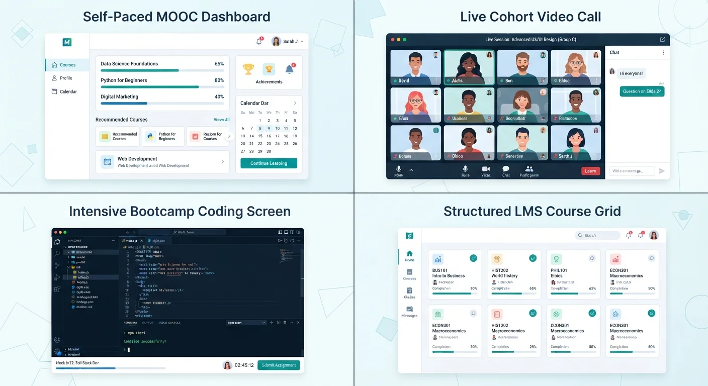 Four online learning platform types shown side by side in a modern digital illustration