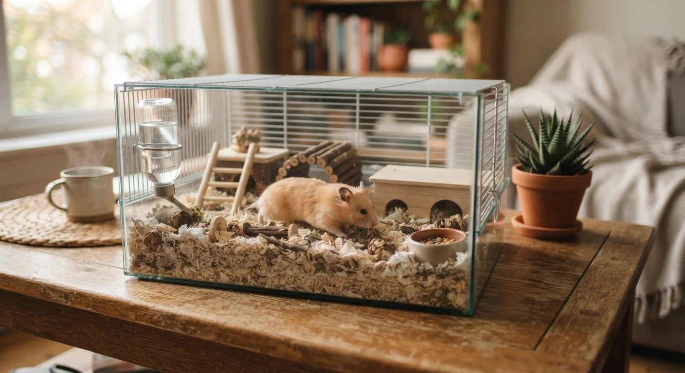 A small hamster exploring a well-equipped enclosure with bedding, toys, and a water bottle.