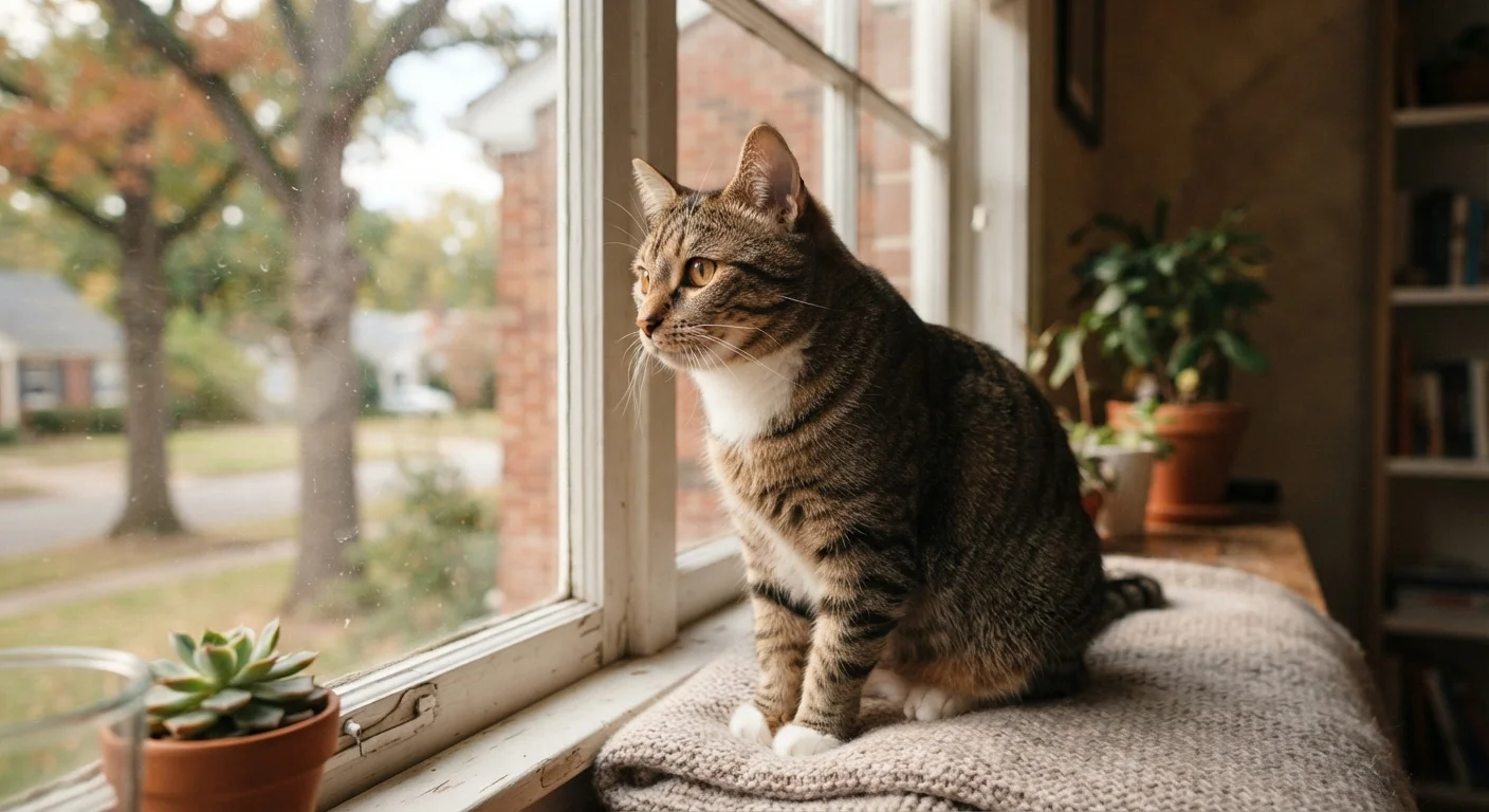 A domestic cat with amber eyes sitting attentively on a sunlit windowsill