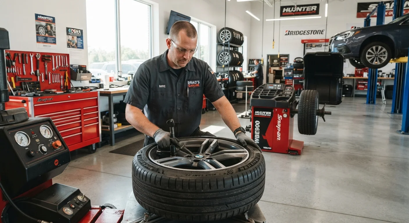 Mechanic inspecting a car tire in a professional auto service shop with alignment equipment nearby