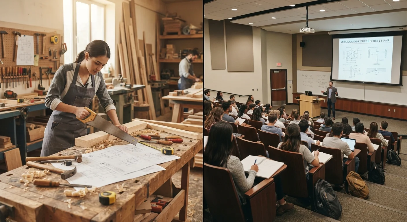 Split image contrasting a vocational trade workshop with a traditional college lecture hall