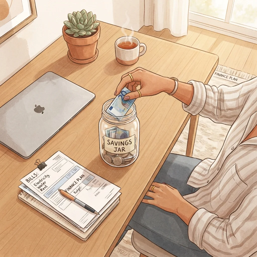 Person setting aside savings in a jar before handling other household expenses on a desk