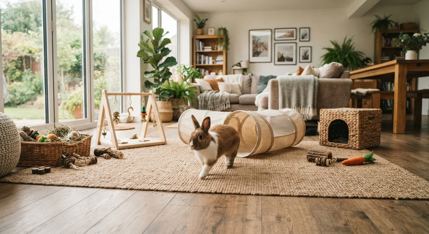A rabbit freely exploring a large, enriched living space with tunnels and toys.