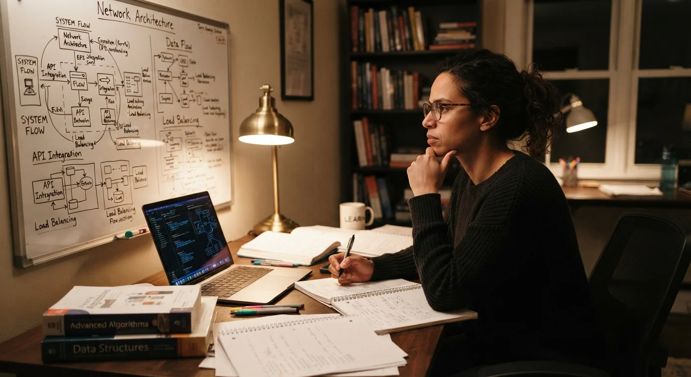 Adult learner at a desk studying complex material, looking thoughtfully at a whiteboard diagram