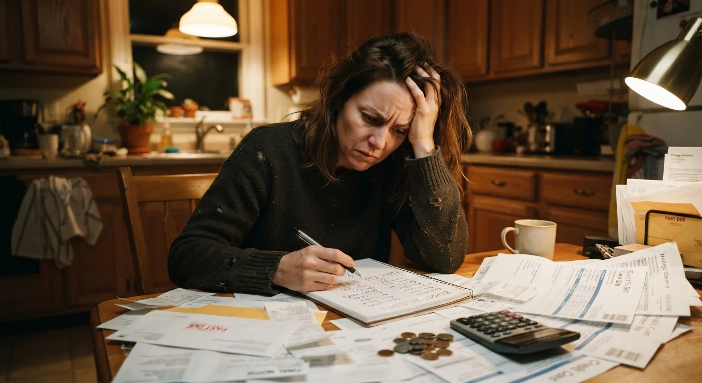 Person at kitchen table reviewing budget paperwork with receipts and bills scattered around
