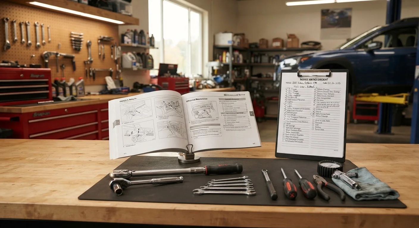 Open car owner's manual on a workbench beside a maintenance checklist and automotive tools