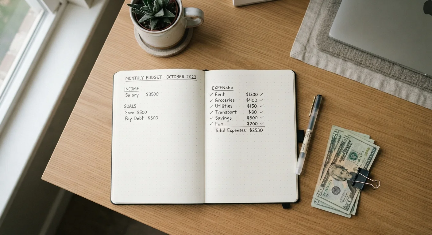 Open budget notebook with handwritten categories and dollar bills arranged on a desk